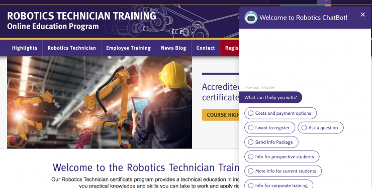 robotics webpage with chatbot in right 